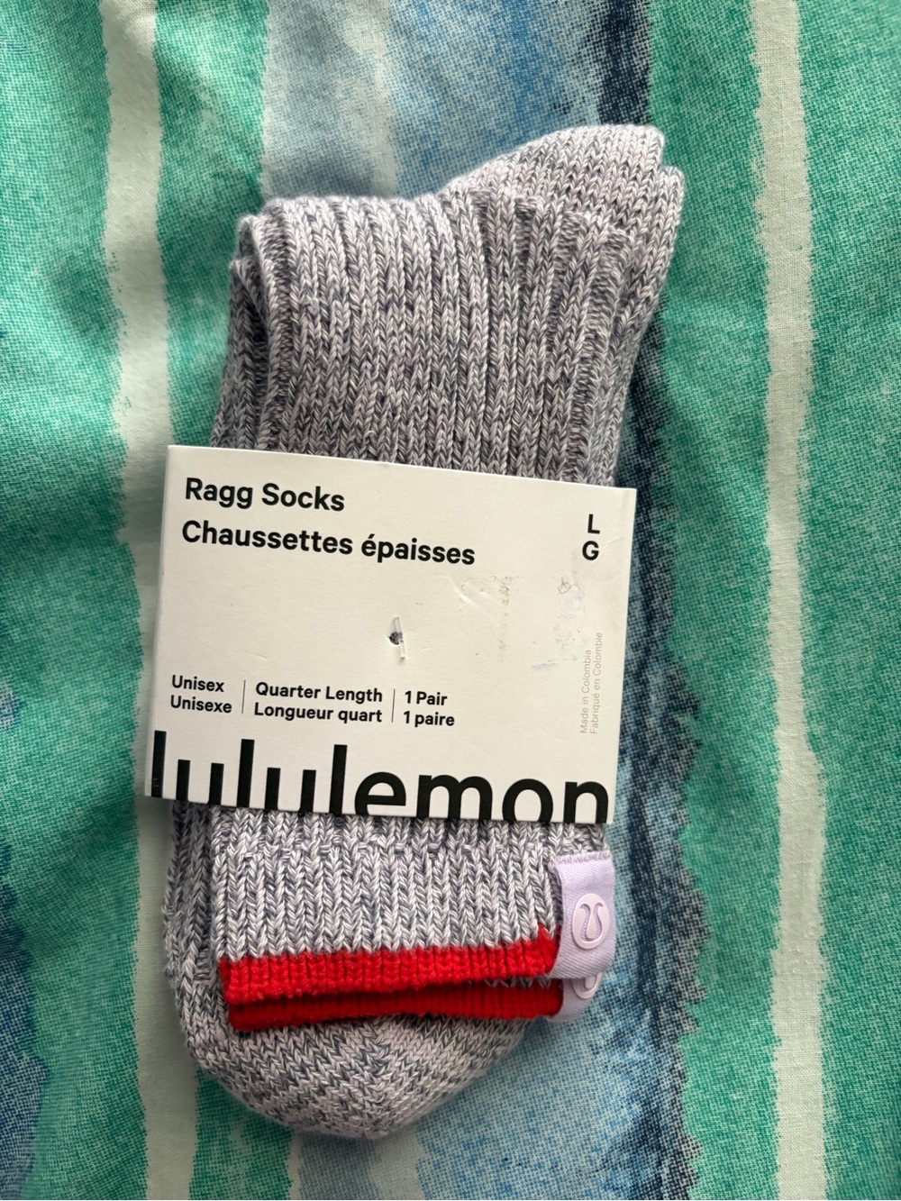 lululemon athletica  Unisex Ragg Quarter Socks - Light Gray with Red Sz Large
